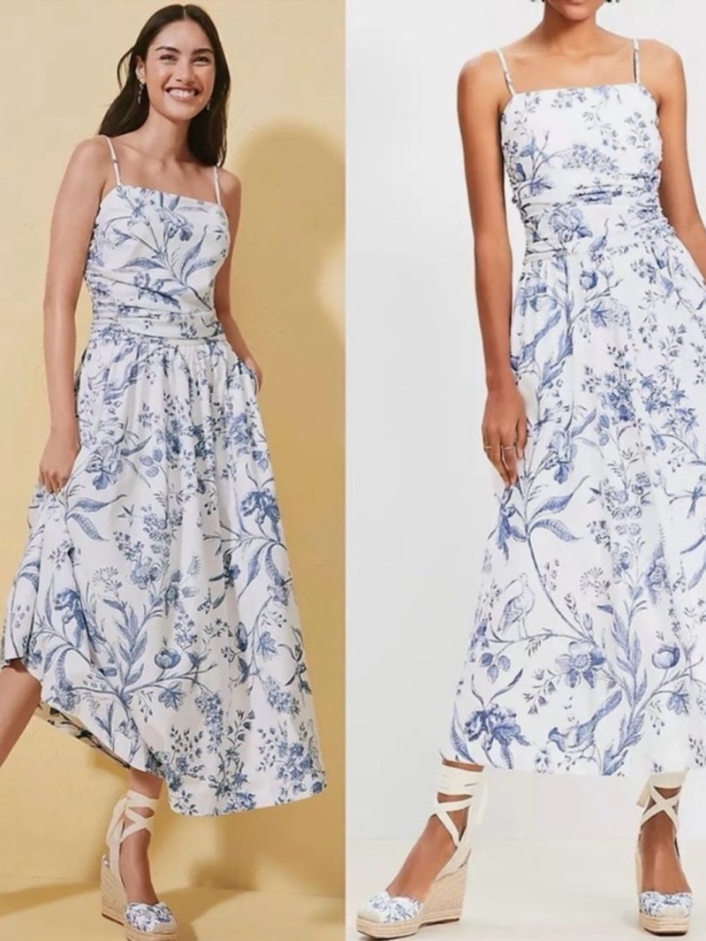 Loft Women’s blue and white Bird Toile Strappy Midi Pocket Dress size 4
